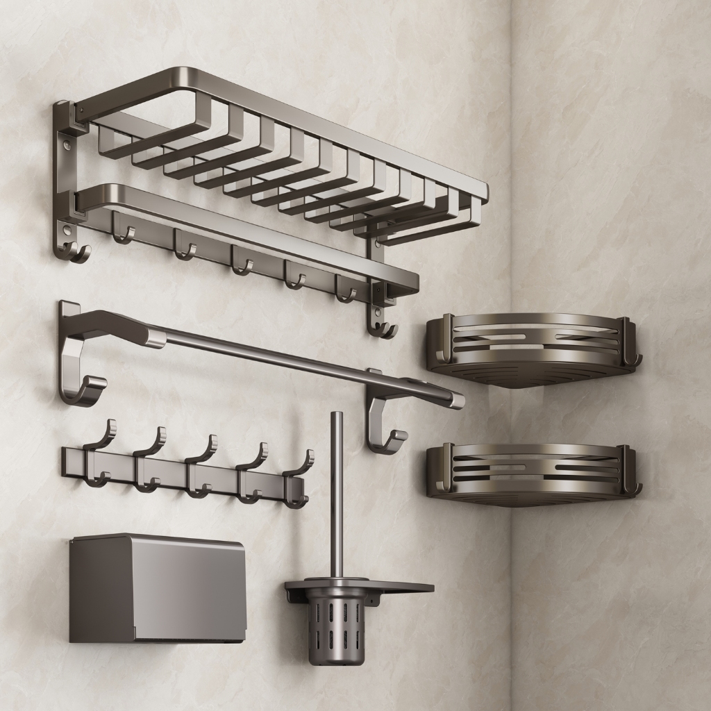 KAKUGU Gun gray towel rack, bathroom perforated space aluminum towel ...