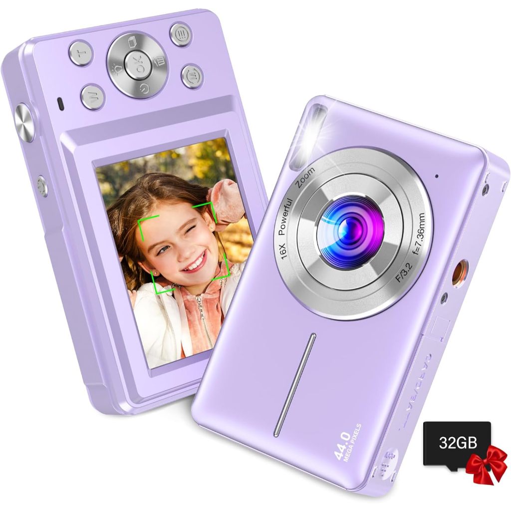 Digital Camera, FHD 1080P Kids Camera 44MP Point and Shoot Digital Cameras  with 32GB SD Card, 16X Zoom, Two Batteries, Lanyard, Compact Small Camera