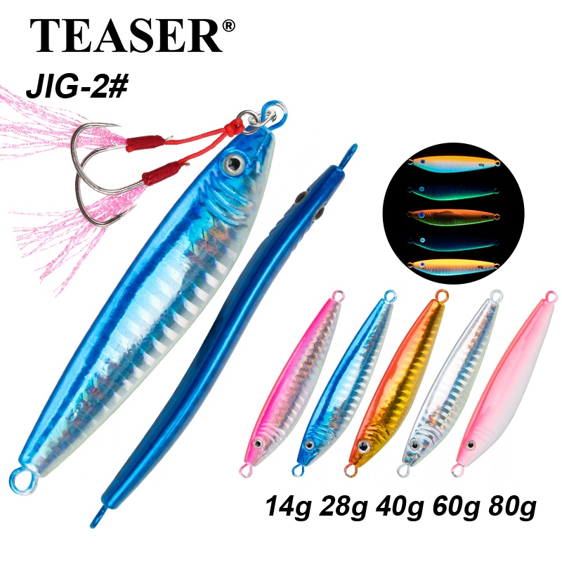 TEASER【J2】S Shape Micro Jig 14g 28g 40g 60g 80g Luminous Slow Fall Metal  Jigging Lure Assist Double Hooks Sea Fishing Lure