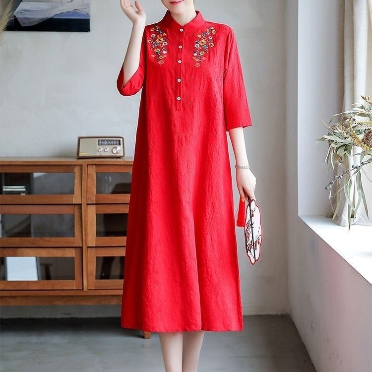 2024 Red Chinese New Year Dress Ethnic Style Floral Embroidered Cotton