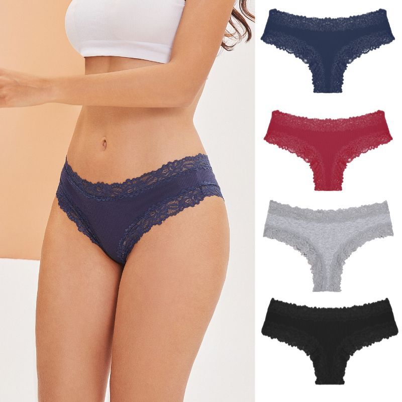 142936 Breathable Thin Satin Ice Silk Women's Underwear French Lace Hem  Seamless Large Briefs