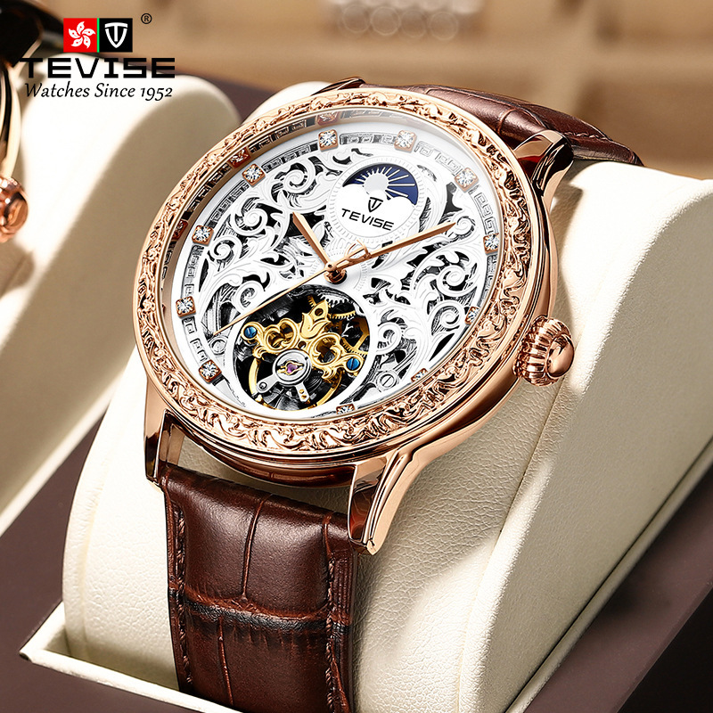 TEVISE Mechanical Watch Automatic Hollow Mechanical Watch Sun Moon