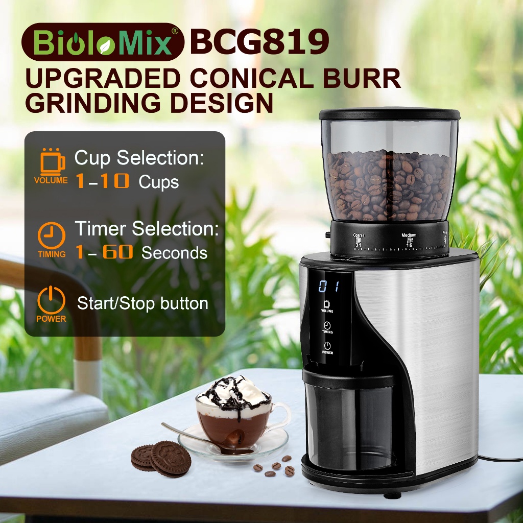 Biolomix Electric Automatic Conical Burr Coffee Bean Grinder Touch LCD