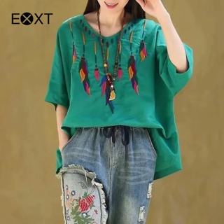 Mexican Embroidered Shirts For Women Boho Tops And Blouses 3/4 Sleeve  Bohemian Peasant Summer Fall Tunic Top