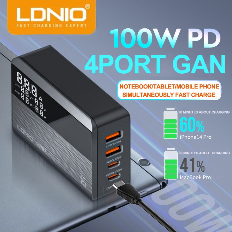 LDNIO GaN 100W Super Fast Charging Appliance USB-C Wall Charger 4 Port ...