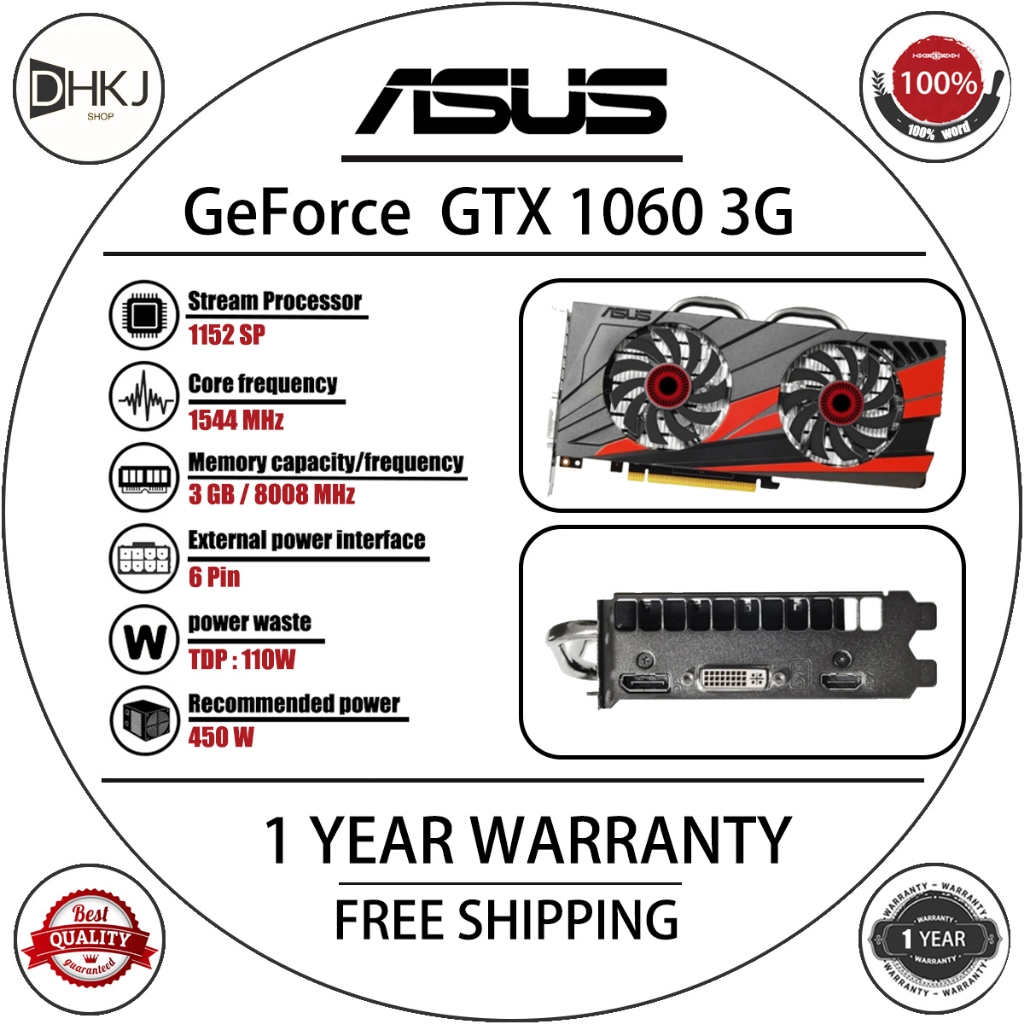 Used ASUS GeForce GTX 1060 3GB 5GB 6GB Gaming Graphic Card GDDR5