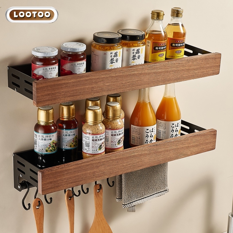 LooToo Wooden kitchen Storage Rack Wood Wall Mounted Kitchen Shelf ...