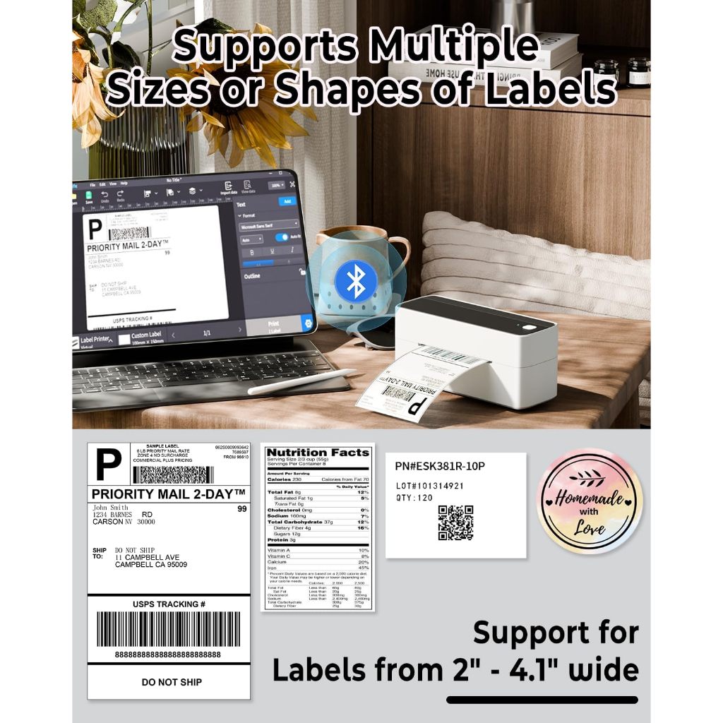 Bluetooth Label Printer Kompatibel Windows Mac Phomemo PM241BT Bluetooth- Etikettendrucker Für DHL, Amazon, Etsy & Co. - Druckt Versandetiketten 4x6"/Thermodruck Bis 4,6" Breite PM-241-BT Treiber
