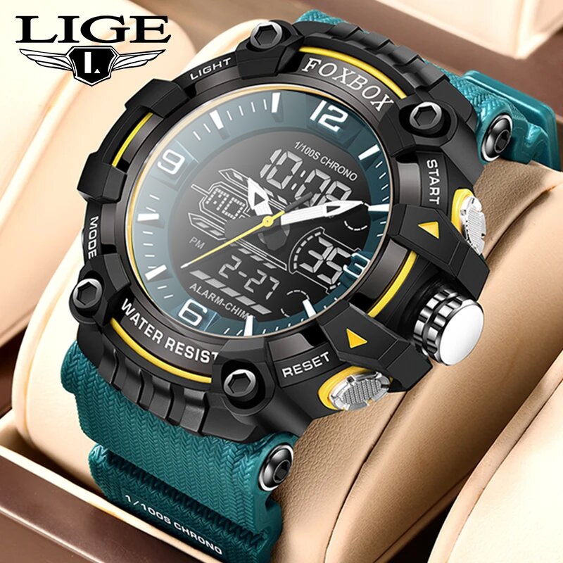 LIGE Watch Men Original Sport 30M Waterproof Dual Time Trend Ride LED Display Digital Watches Auto Date Quartz Wristwatch