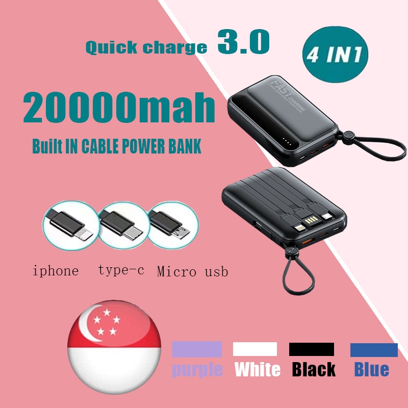 【sg Ready Stock】fast Charging Power Bank 20000 Mah 4 In 1 Cable Powerbank Built In 4 Cable Power 2320