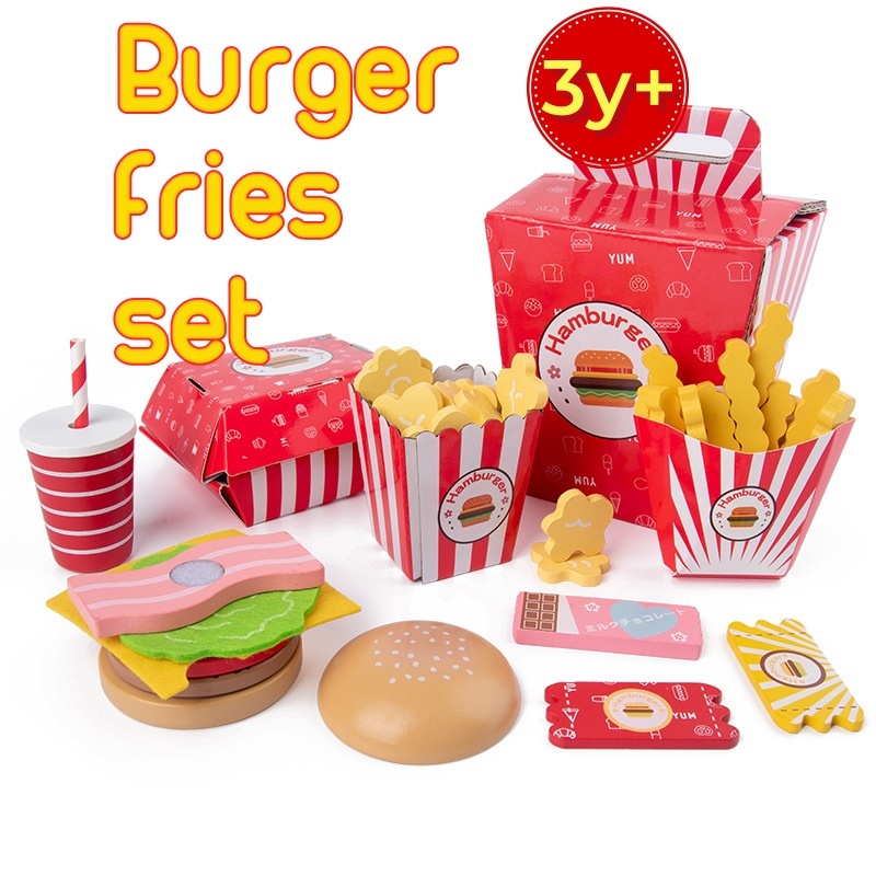 Children pretend to play food toys wooden fast food burger fries food ...