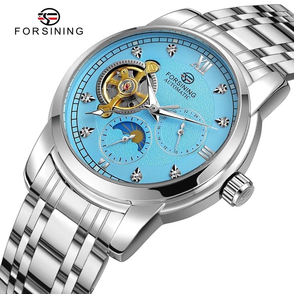 FORSING New Business Gentleman Watch Mechanical Gear Sun Moon dial Stainless Steel Mechanical Watch 6922