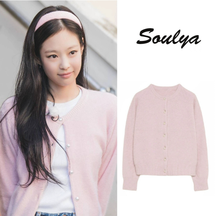 Blackpink Jennie Fashion Pink Long Sleeve Knitted Cardigan for Women Korean Outerwear Simple Single Row Pearl Button Sweater Top Shopee Singapore