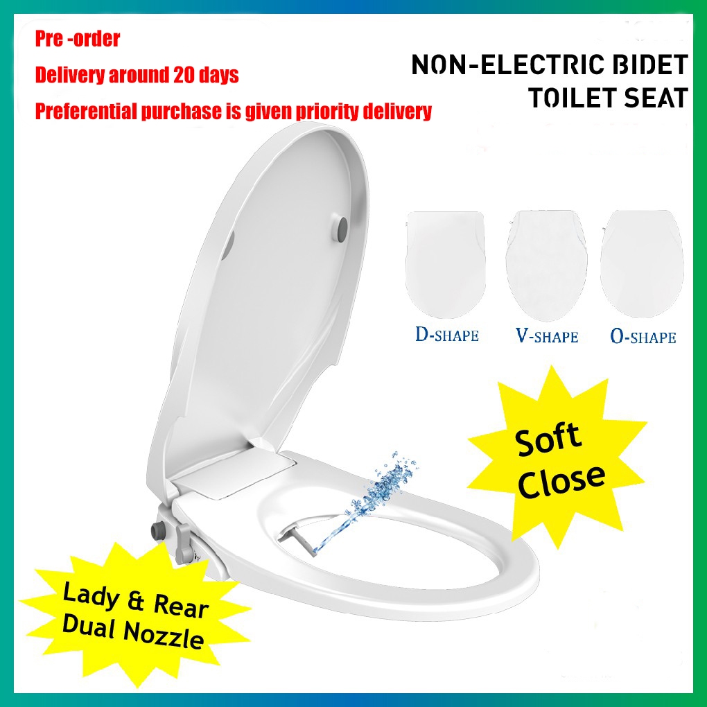 Bidet Toilet Seat Cover Non-Electric + Soft Closing Dual Nozzle Manual ...