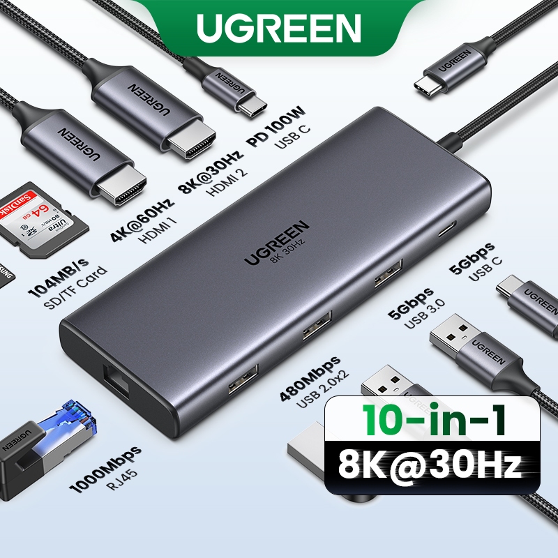 Ugreen 10-in-1 8K@30Hz 4K@60Hz Dual HDMI, USB A, UAB C, PD 100W, SD, TF ...