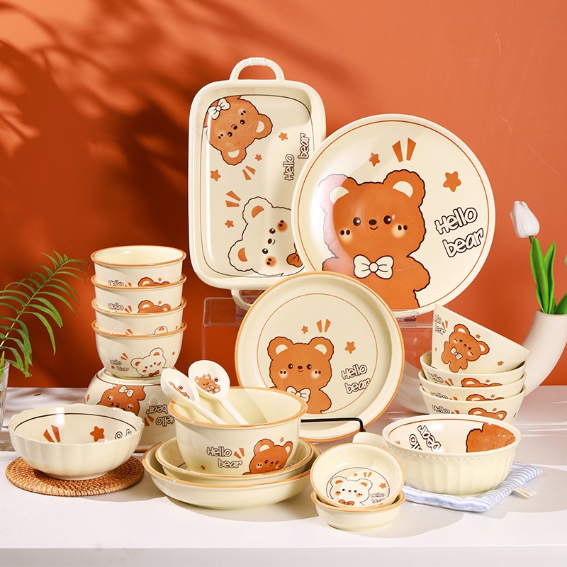 Baltan Kitchen C6 ins Creative Japanese Ceramic Bowls Dishes Tableware Household Cartoon Bear Plates Soup Bowls Dessert Bowls Cute Dishes Plate Set W1