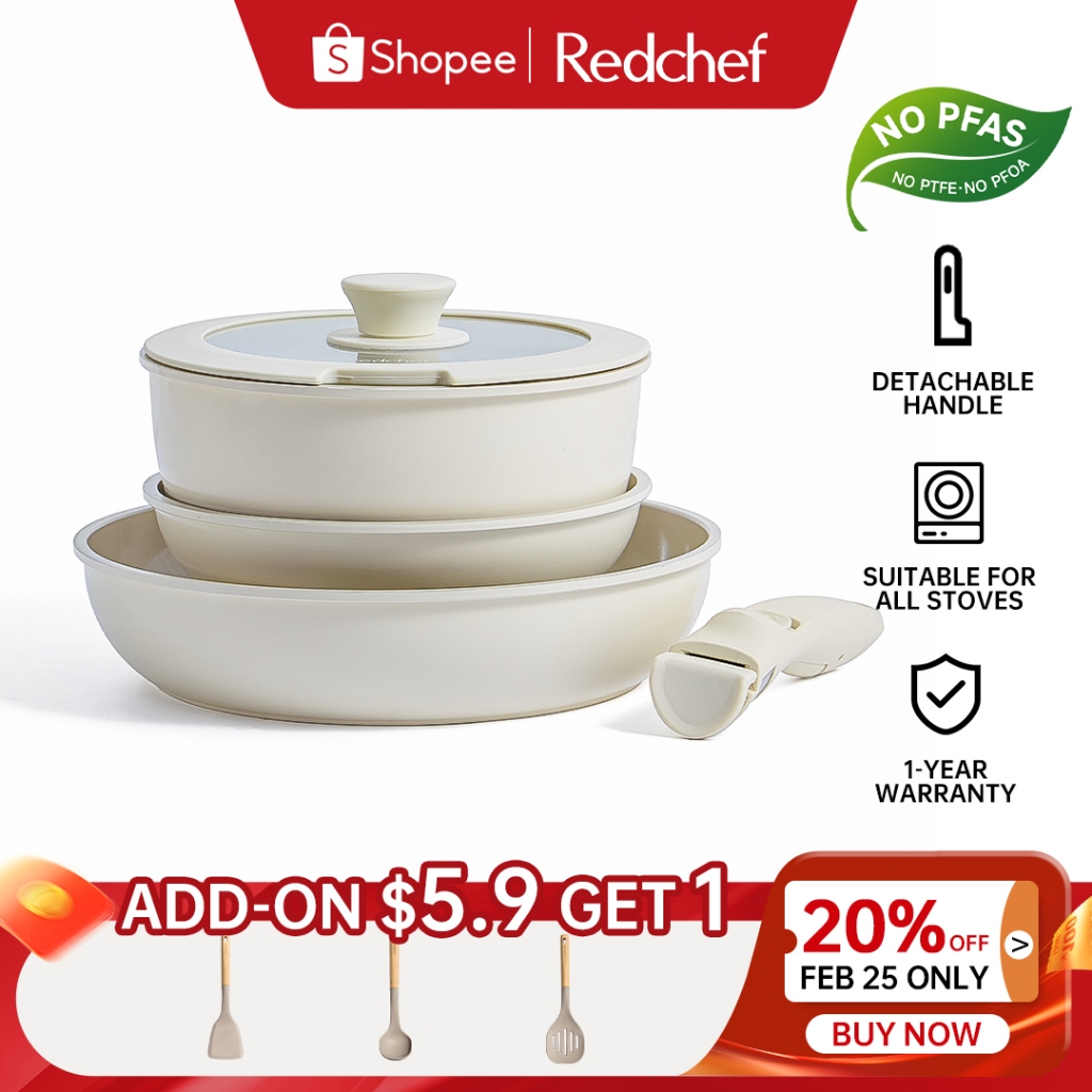 Redchef Nonstick Ceramic Cookware Set Handle Removable 5Pcs No PFAS& PTFE& PFOA Suitable for All