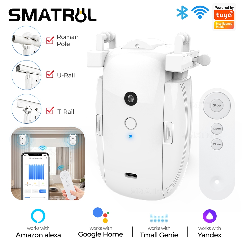 Smart Intelligent Curtain Opener Robot Motor BT Voice Control Switch Electric Curtain Robot APP Control Timer Setup Compatible with Home for Roman Rod