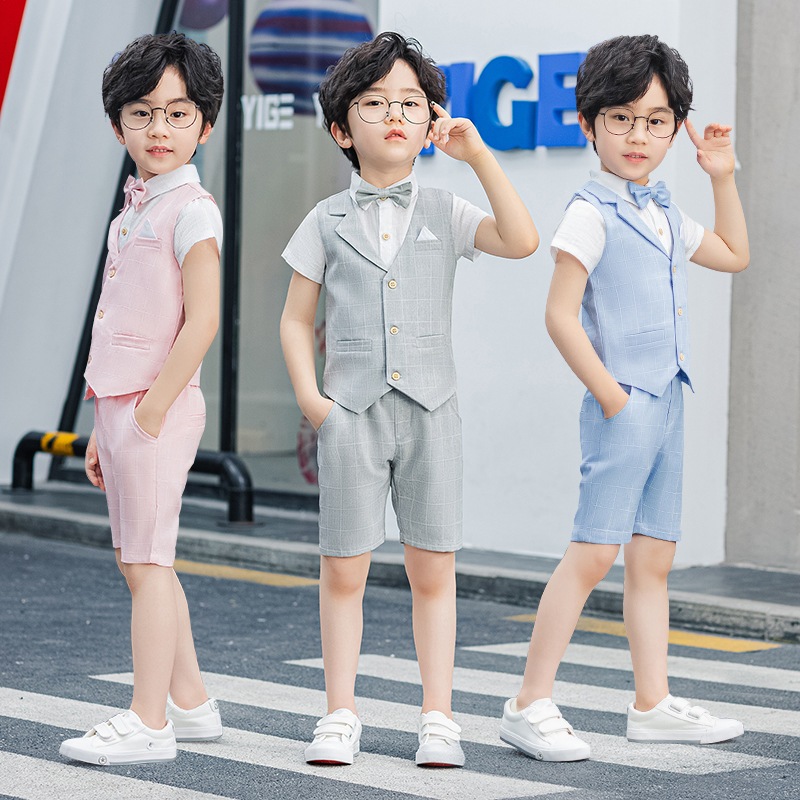 4pcs Kids Plaid Suits Set Boys Clothes Blue Grey Pink Outfits Short Sleeve Shirt Vest Shorts Clothing Formal Suit Birthday Party Wear Boy Wedding