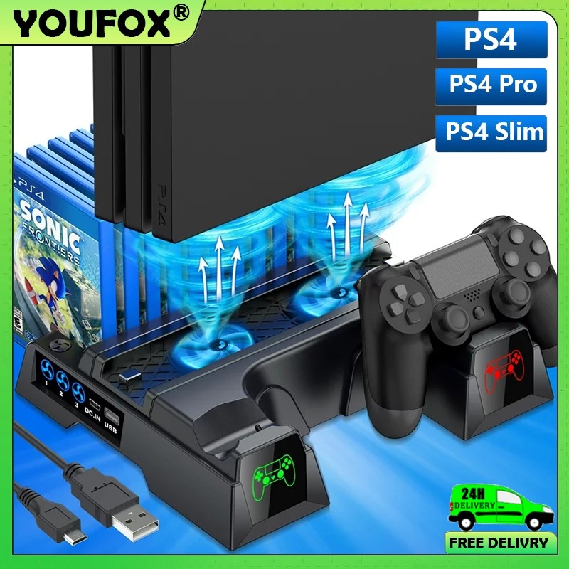 (SG 24H Delivery)PS4 Dual Charger LED Vertical Cooling Stand For PS4/PS4 Pro/PS4 Slim/Sony Playstation 4 Console 3 Mode Cooling Fan Cooler