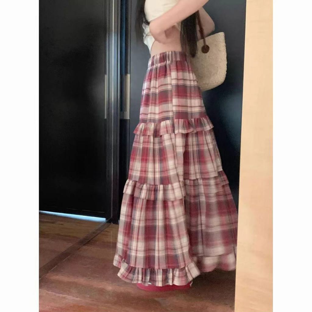 Korean Style Lace Plaid Skirt main image 1