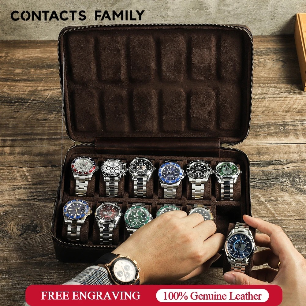 CONTACTS FAMILY Genuine Leather Luxury 10/12 Slots Watch Case Organizer ...