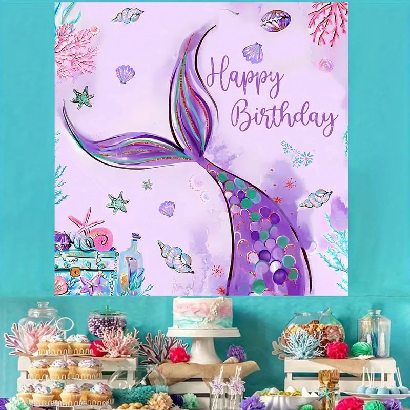 1.2M*1.2M Purple Mermaid Themed Backdrop Mermaid Happy Birthday Banner ...