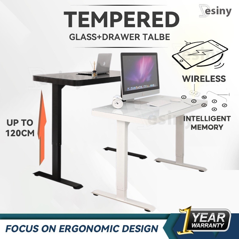 Glass Standing Desk Electric Height Adjustable Table WIreless Charger ...