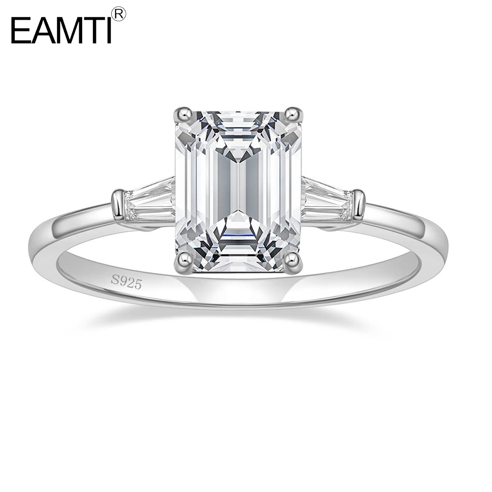 EAMTI 3CT 925 Sterling Silver Engagement Rings 3-Stone Emerald Cut ...