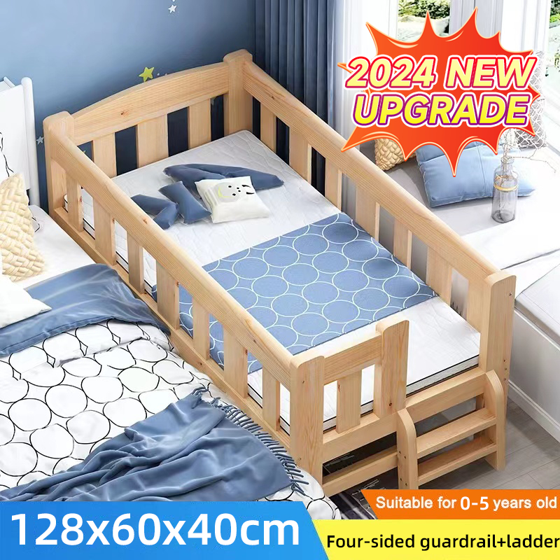 HOOA SG Local Seller Upgrade 4Guardrail 150cm Baby Bed Baby Cot Toddler Bed Newborn Crib Splicing Big Baby Bed With Guardrail Children Bed Attached to Parents Bed Solid Wood Kids Bed Frame With Mattre...