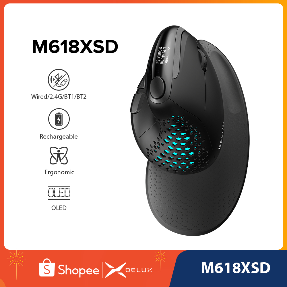 Delux Seeker M618XSD Wireless Ergonomic Vertical Mouse with OLED Screen ...