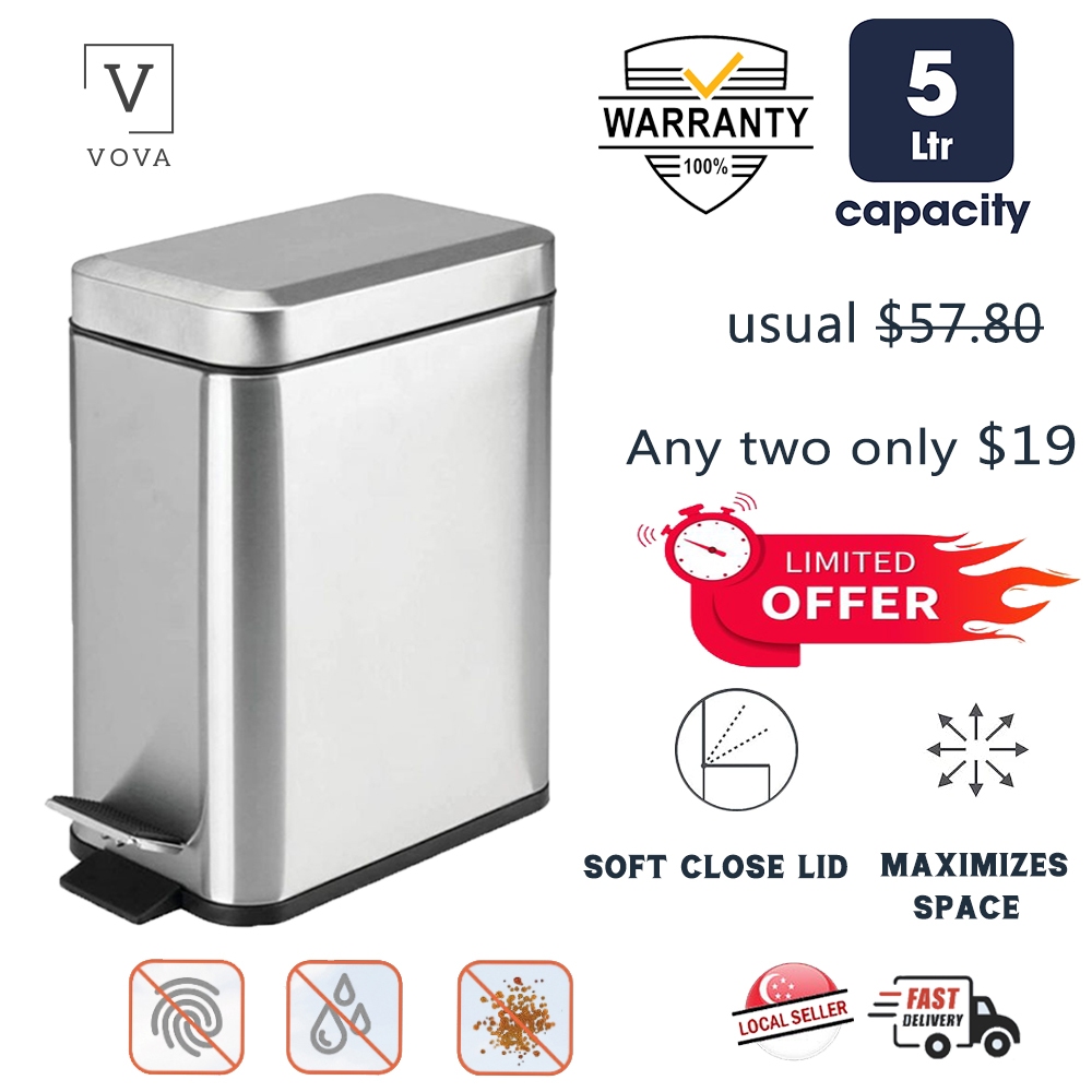 🔥SG Stock🔥 5L Stainless Steel Soft Closing Trash Can Dustbin with Foot ...