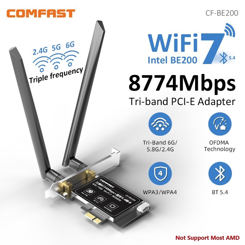 Comfast WiFi 7 Intel BE200 8774Mbps PCI-E Network Card 2.4G&5G&6GHz Tri ...