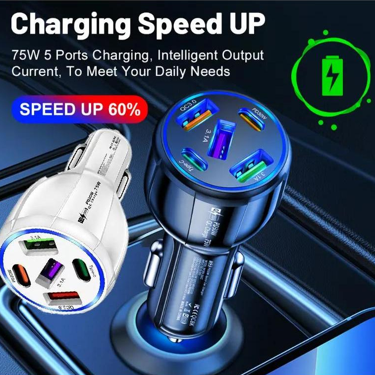 Universal 75w 5 Port Car Charger Multi Device Adapter Fast Pdqc30 Charging Usb And Type C 2931