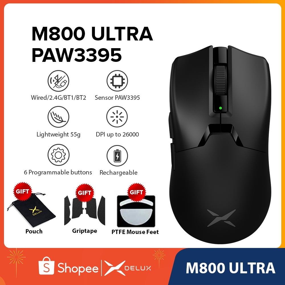 Delux M800 Ultra Paw3395 Bluetooth Gaming Mouse Dpi Max 26000 Rgb Wireless Mouse Gaming 5151