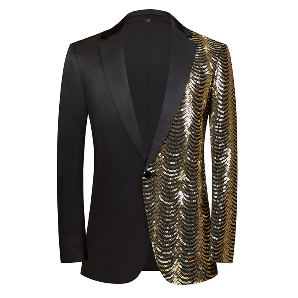 Mens Luxury Wave Striped Gold Sequin Blazer Jacket Shawl Lapel One