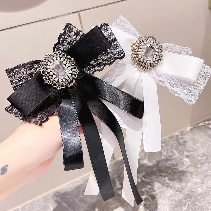 Lace Bow Long Ribbon Bow Tie Collar Accessory Korean Black Small ...