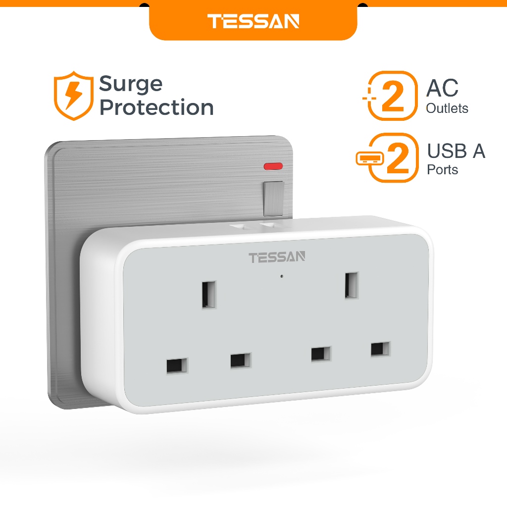 TESSAN Multi Plug Extension Adapter with 2 USB, 13A UK Dual Surge ...