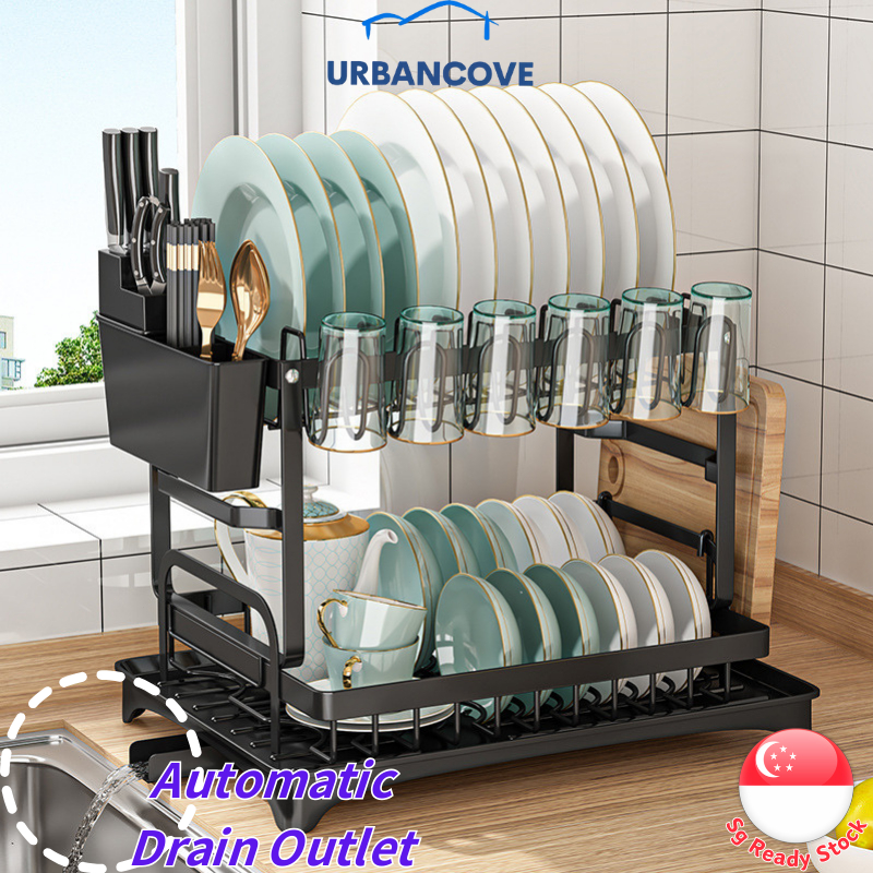 [SG STOCK]Drain Rack Dish Rack Auto Drainer Multi-functional Kitchen Dish  Rack with Auto Drainer Tray, Holder, and Organiser