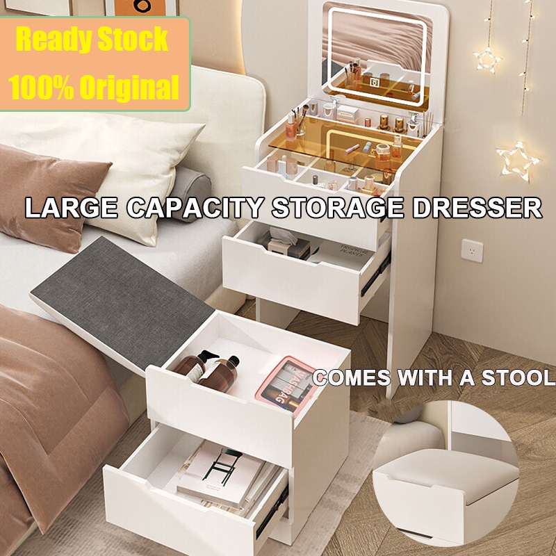 Clamshell Folding Dressing Table With Chair+Mirror+LED Lights Storage ...