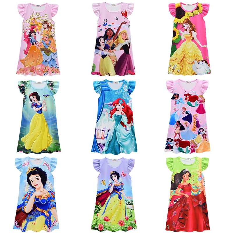 Girl's Cinderella Snow White Mermaid Ariel Disney Princess Print Pink  Purple Blue Flying Sleeve A-line Dresses | Shopee Singapore