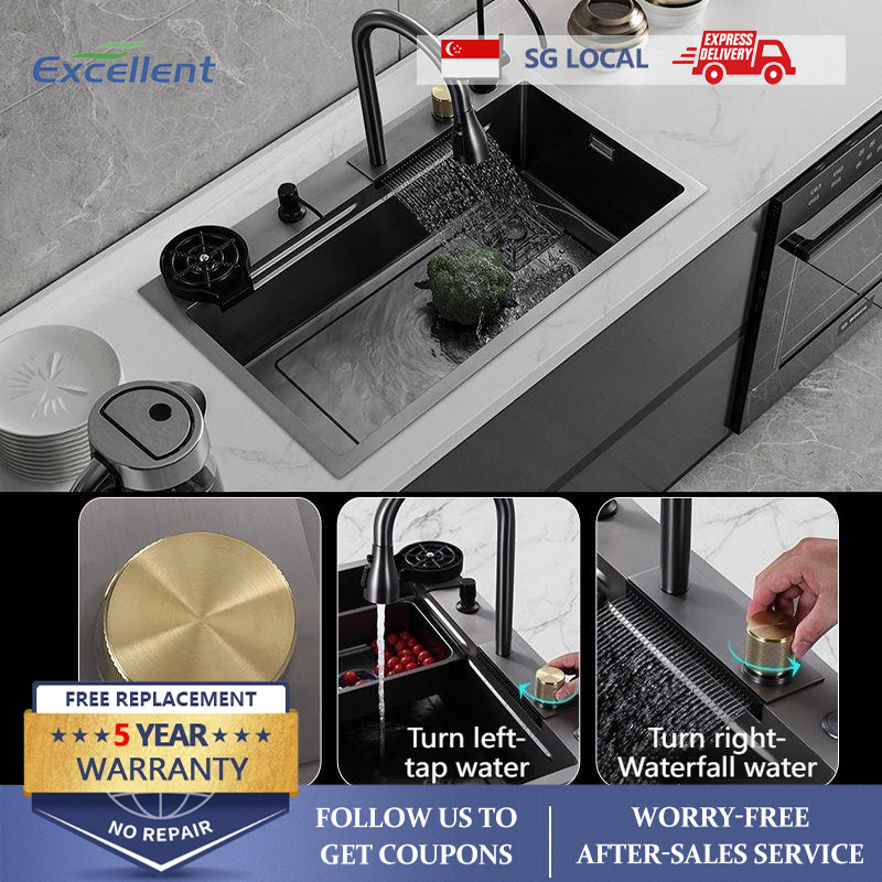 JR Kitchen Sink Black Nano Stainless Steel Waterfall Basin Single Bowl ...