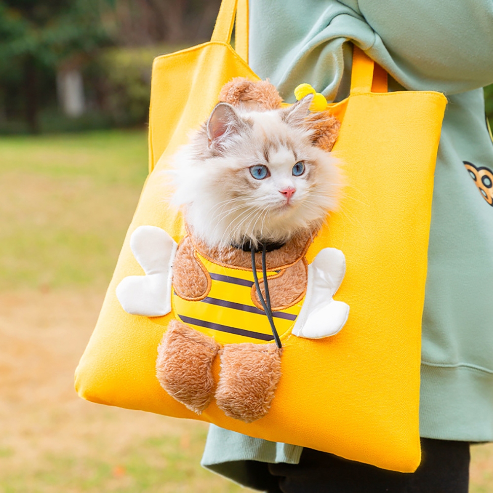 Heyouqian Pet Cat Carrier Bag Cartoon Bee Breathable Canvas Bag