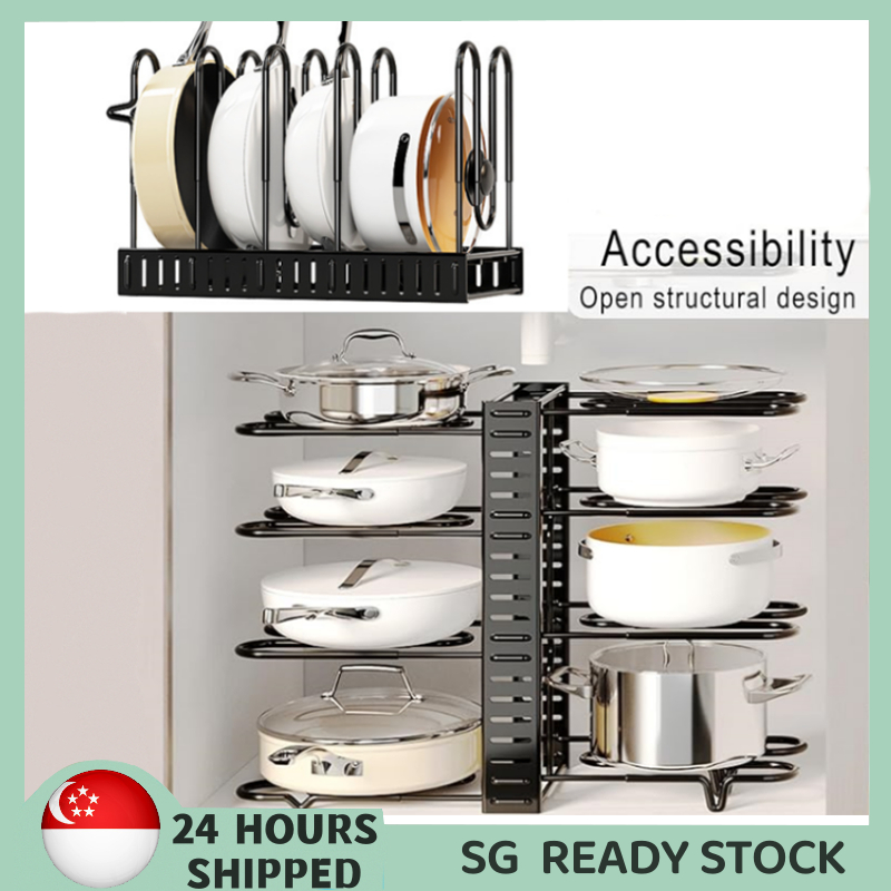 【SG READY STOCK】Adjustable Pots and Pans Organizer 8 Tier Compartments ...