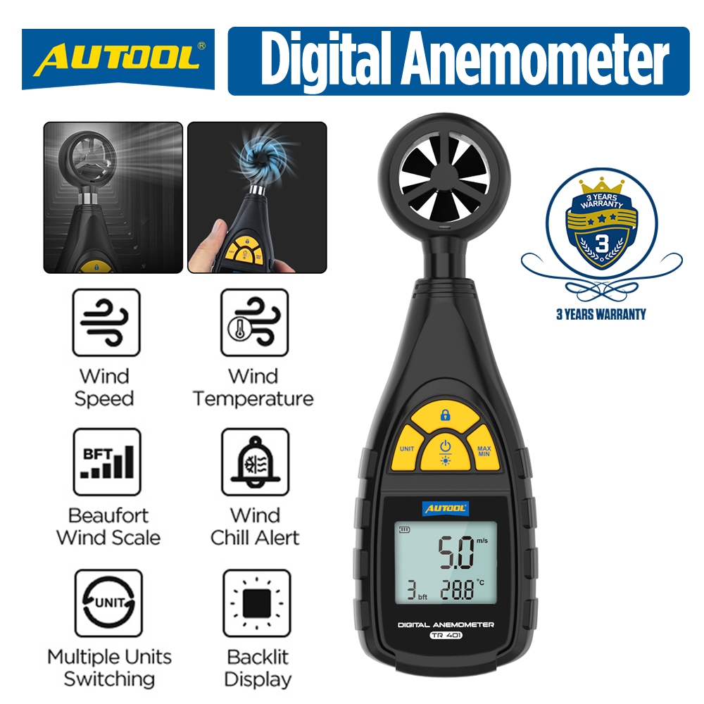 AUTOOL TR401 Digital Anemometer Handheld Air Flow Meter Wind Speed ...