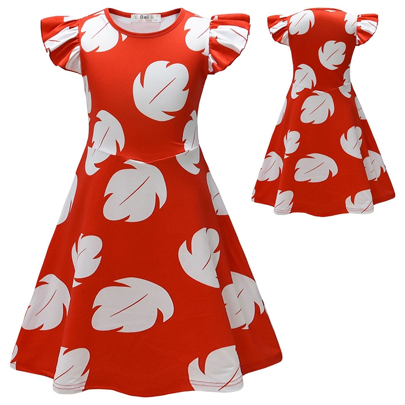 Cartoon Lilo Stitch Red Dress Girls Flying Sleeves Dresses