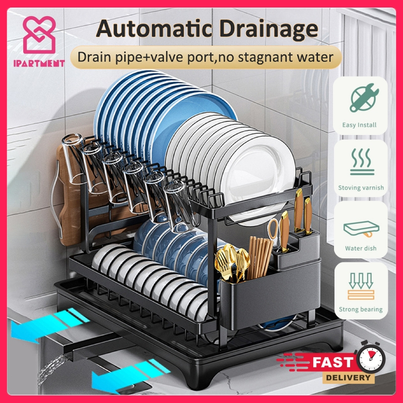 【SG STOCK】Kitchen Drain Rack Auto Drainer Tray Dish drying rack with ...