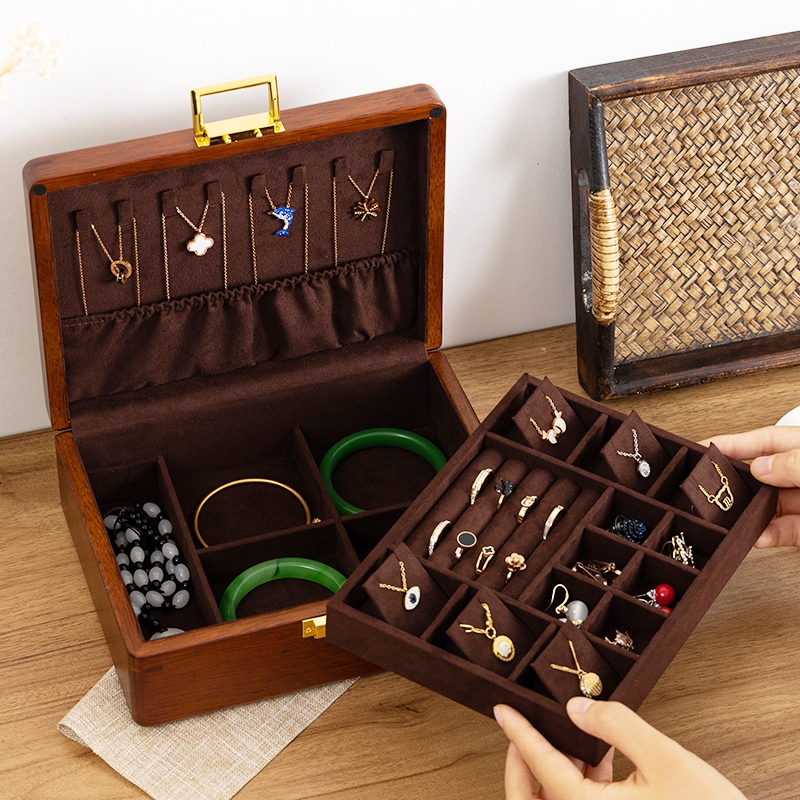 Wooden Jewelry Box with Lock,Double Layer Solid Hardwood Jewelry ...