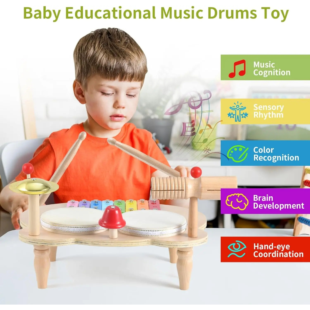 Kids Drum Set Baby Musical Instruments Toys Montessori Wooden Xylophone ...