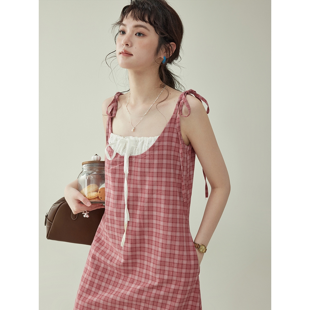 Japanese Red Plaid Sling Dress Women Summer New Style Lace-Up Stitching ...